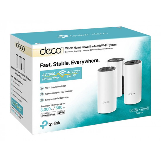 TP-LINK AC1200 Whole Home Hybrid Mesh Wi-Fi System | Deco P9 (3-pack) | 802.11be | 867 Mbit/s | Ethernet LAN (RJ-45) ports 1 | Mesh Support Yes | MU-MiMO Yes | No mobile broadband