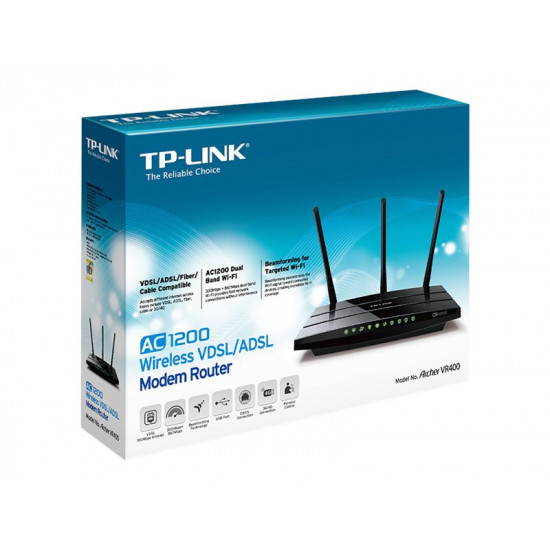 TP-LINK AC1200 Wi-Fi VDSL/ADSL Modem Gigabit Router | Archer VR400 | 802.11ac | 10/100/1000 Mbit/s | Ethernet LAN (RJ-45) ports 4 | Mesh Support No | MU-MiMO No | No mobile broadband