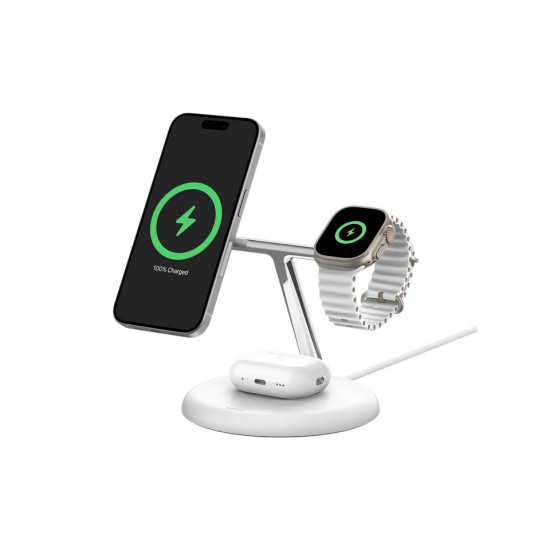 Belkin WIZ009VFWH-V2 - magnetic 3-in-1 wireless charging stand with Qi2 15W, white