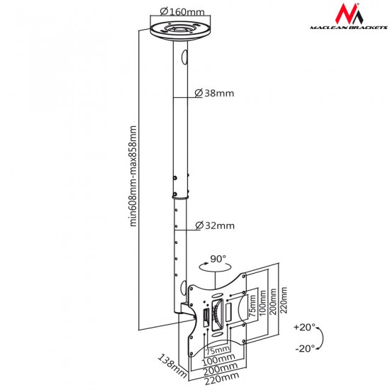 Maclean MC-504A B TV Ceiling Bracket 23-42 50 - 85 cm 30kg Black