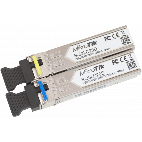 MikroTik Pair of SFP modules S-3553LC20D (S-35LC20D 1.25G SM 20km T1310nm/R1550nm + S-53LC20D 1.25G SM 20km T1550nm/R1310nm) | MikroTik | Maximum transfer distance 20000 m