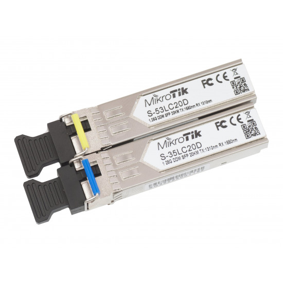 MikroTik Pair of SFP modules S-3553LC20D (S-35LC20D 1.25G SM 20km T1310nm/R1550nm + S-53LC20D 1.25G SM 20km T1550nm/R1310nm) | MikroTik | Maximum transfer distance 20000 m