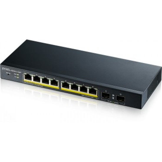 ZYXEL GS1900-10HP V2, 8-PORT GBE L2 POE SMART SWITCH + 2 SFP SLOTS, 802.3AT, DESKTOP, FANLESS, 70 WATT