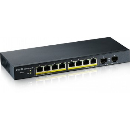 ZYXEL GS1900-10HP V2, 8-PORT GBE L2 POE SMART SWITCH + 2 SFP SLOTS, 802.3AT, DESKTOP, FANLESS, 70 WATT