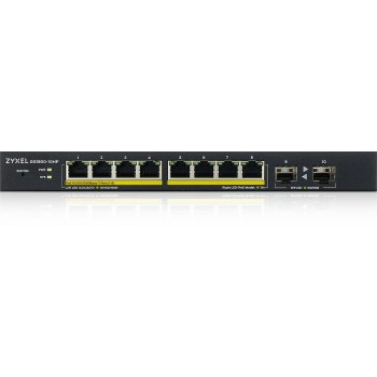 ZYXEL GS1900-10HP V2, 8-PORT GBE L2 POE SMART SWITCH + 2 SFP SLOTS, 802.3AT, DESKTOP, FANLESS, 70 WATT