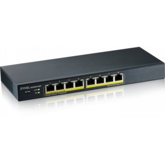 ZYXEL GS1900-8HP, 8-PORT GBE L2 POE SMART SWITCH, 802.3AT, DESKTOP, FANLESS, 70 WATT