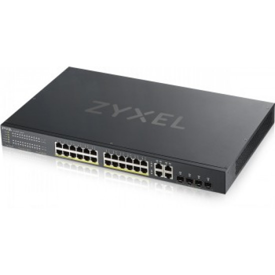 ZYXEL GS1920-24HPV2, 28 PORT SMART MANAGED POE SWITCH 24X GIGABIT COPPER POE AND 4X GIGABIT DUAL PERS., HYBRID MODE, STANDALONE OR NEBULAFLEX CLOUD, 375 WATT POE