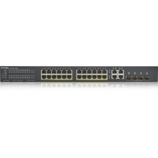 ZYXEL GS1920-24HPV2, 28 PORT SMART MANAGED POE SWITCH 24X GIGABIT COPPER POE AND 4X GIGABIT DUAL PERS., HYBRID MODE, STANDALONE OR NEBULAFLEX CLOUD, 375 WATT POE