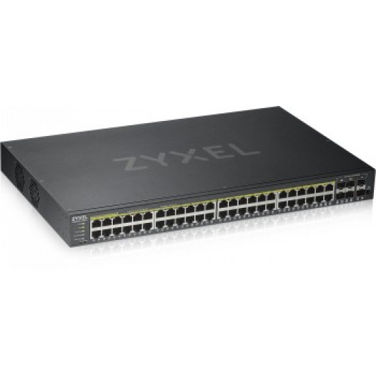 ZYXEL GS1920-48HPV2, 50 PORT SMART MANAGED POE SWITCH 48X GIGABIT COPPER POE AND 4X GIGABIT DUAL PERS., HYBRID MODE, STANDALONE OR NEBULAFLEX CLOUD, 375 WATT POE