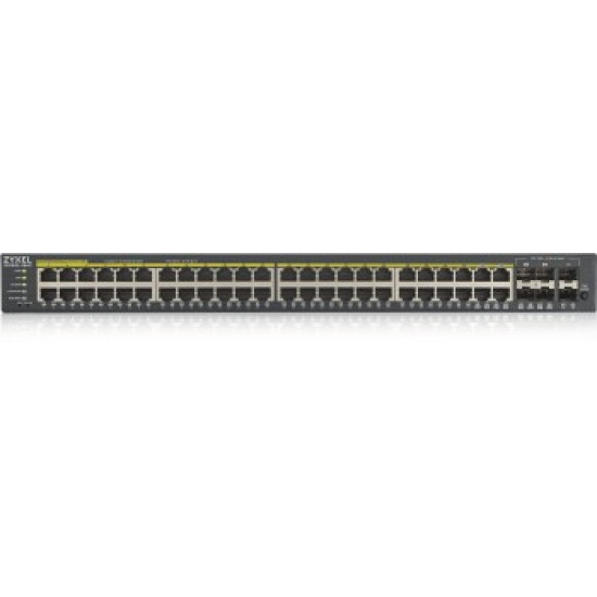 ZYXEL GS1920-48HPV2, 50 PORT SMART MANAGED POE SWITCH 48X GIGABIT COPPER POE AND 4X GIGABIT DUAL PERS., HYBRID MODE, STANDALONE OR NEBULAFLEX CLOUD, 375 WATT POE