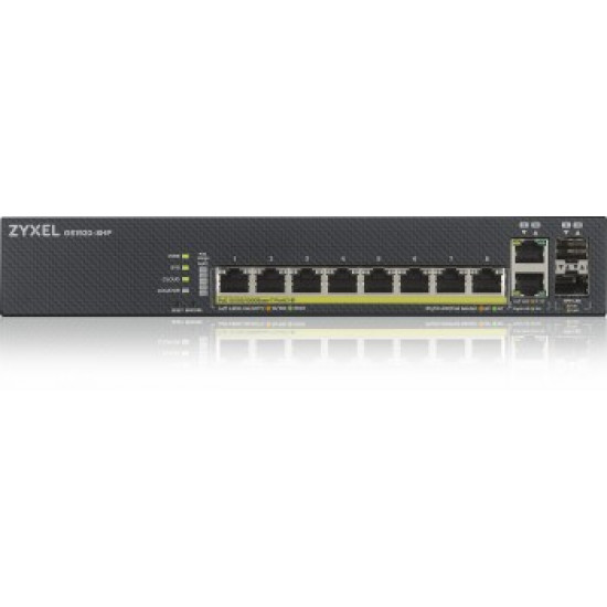 ZYXEL GS1920-8HPV2, 10 PORT SMART MANAGED SWITCH 8X GIGABIT COPPER AND 2X GIGABIT DUAL PERS., HYBRID MODE, STANDALONE OR NEBULAFLEX CLOUD, 130 WATT POE, FANLESS