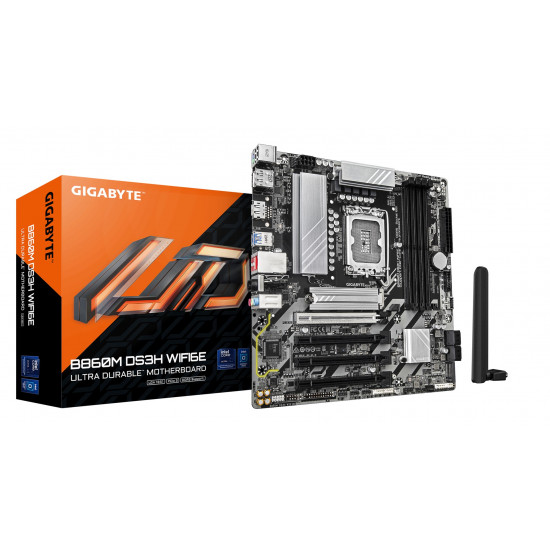 GIGABYTE B860M DS3H WIFI6E Motherboard - Intel Core Ultra Series CPUs, 5+1+2+1 Phases VRM, up to 9066MHz DDR5, 1xPCIe 5.0 + 1xPCIe 4.0 M.2, 2.5GbE LAN, WIFI 6E, USB 3.2 Gen 2