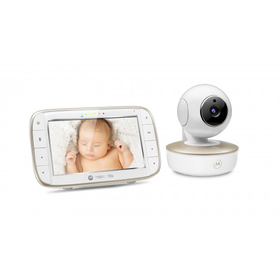 Motorola VM855 CONNECT 5.0” Portable Wi-Fi Video Baby Monitorwith Flexible Crib Mount, White/Gold Motorola | L | 5 TFT color display with 480 x 272 resolution; Lullabies; Two-way talk; Room temperature monitoring; Infrared night vision; LED sound level i