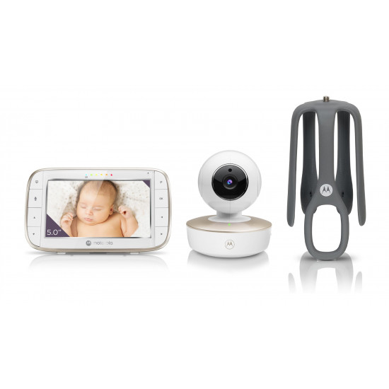 Motorola VM855 CONNECT 5.0” Portable Wi-Fi Video Baby Monitorwith Flexible Crib Mount, White/Gold Motorola | L | 5 TFT color display with 480 x 272 resolution; Lullabies; Two-way talk; Room temperature monitoring; Infrared night vision; LED sound level i