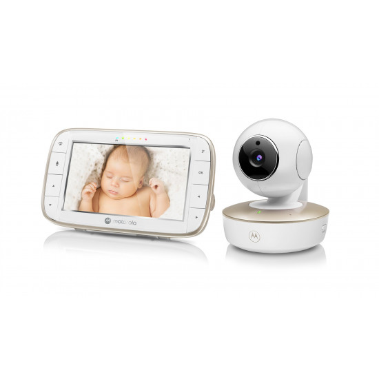 Motorola VM855 CONNECT 5.0” Portable Wi-Fi Video Baby Monitorwith Flexible Crib Mount, White/Gold Motorola | L | 5 TFT color display with 480 x 272 resolution; Lullabies; Two-way talk; Room temperature monitoring; Infrared night vision; LED sound level i