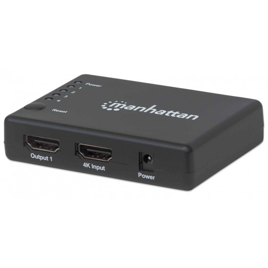 Manhattan HDMI Splitter 4-Port (Compact), 4K@30Hz, Displays output from x1 HDMI source to x4 HD displays (same output to four displays), AC Powered (cable 0.7m), Black, Three Year Warranty, Retail Box