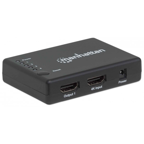 Manhattan HDMI Splitter 4-Port (Compact), 4K@30Hz, Displays output from x1 HDMI source to x4 HD displays (same output to four displays), AC Powered (cable 0.7m), Black, Three Year Warranty, Retail Box