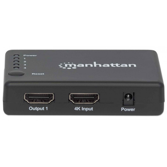 Manhattan HDMI Splitter 4-Port (Compact), 4K@30Hz, Displays output from x1 HDMI source to x4 HD displays (same output to four displays), AC Powered (cable 0.7m), Black, Three Year Warranty, Retail Box