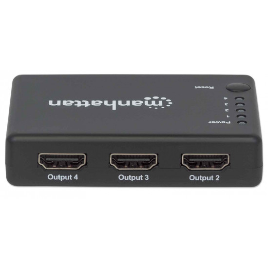 Manhattan HDMI Splitter 4-Port (Compact), 4K@30Hz, Displays output from x1 HDMI source to x4 HD displays (same output to four displays), AC Powered (cable 0.7m), Black, Three Year Warranty, Retail Box