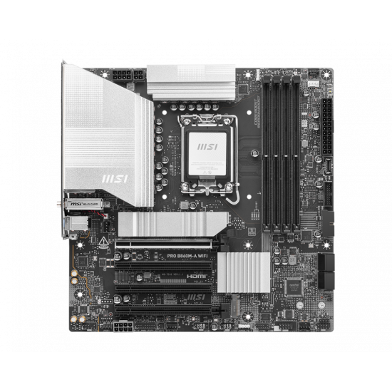 MSI PRO B860M-A WIFI | Processor family Intel | Processor socket LGA1851 | DDR5 | Supported hard disk drive interfaces SATA, M.2 | Number of SATA connectors 4