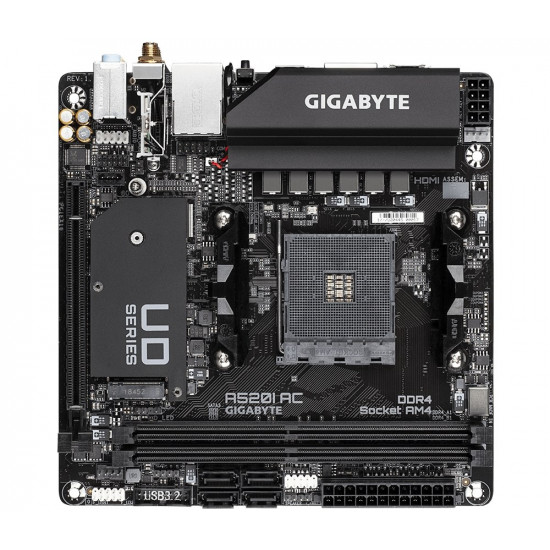 GIGABYTE A520I AC Motherboard - Supports AMD Ryzen 5000 Series AM4 CPUs, 6 Phases Digital VRM, up to 5300MHz DDR4 (OC), 1xPCIe 3.0 M.2, WIFI, GbE LAN, USB 3.2 Gen1