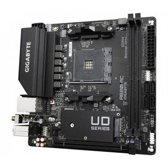 GIGABYTE A520I AC Motherboard - Supports AMD Ryzen 5000 Series AM4 CPUs, 6 Phases Digital VRM, up to 5300MHz DDR4 (OC), 1xPCIe 3.0 M.2, WIFI, GbE LAN, USB 3.2 Gen1