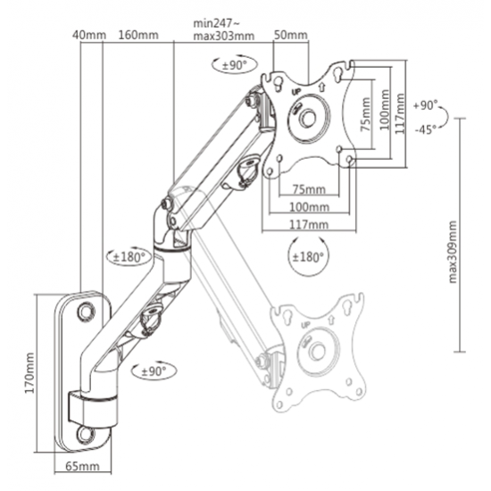 Gembird MA-WA1-02 Adjustable wall display mounting arm, 17”-27”, up to 7 kg