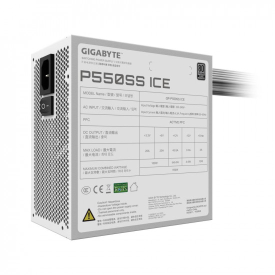 Power Supply|GIGABYTE|GP-P550SS ICE|550 Watts|Efficiency 80 PLUS SILVER|PFC Active|MTBF 100000 hours|GP-P550SSICE