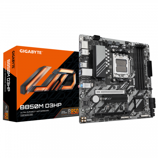 Gigabyte B850M D3HP | Processor family AMD | Processor socket AM5 | DDR5 | Supported hard disk drive interfaces M.2, SATA | Number of SATA connectors 4