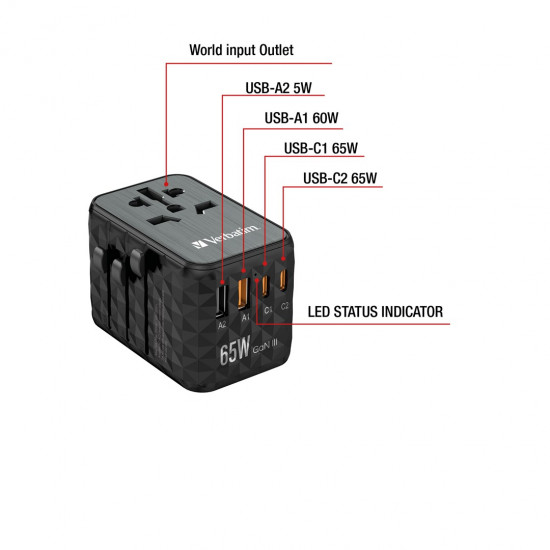 Verbatim GAN III UTA-05 2 X USB-C PD 65W & QC 4+ / 2 X USB-A