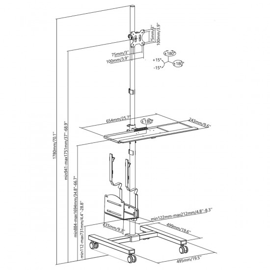 CPU monitor cart stand on wheels, MC-793 W