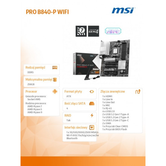 Motherboard PRO B840-P WIFI AM5 4DD R5 ATX