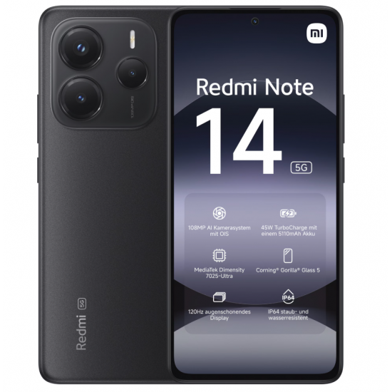 Xiaomi Redmi Note 14 | Midnight Black | 6.67  | AMOLED | 1080 x 2400 pixels | Mediatek | Internal RAM 6 GB | 128 GB | Dual SIM | 5G | Main camera resolution 50+8+2 MP | Secondary camera resolution 20 MP | Android | 14