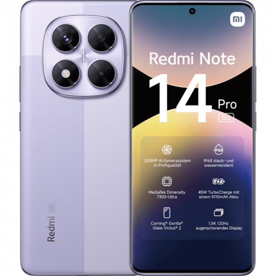 Xiaomi Redmi | Note 14 Pro | Lavender Purple | 6.67  | AMOLED | 1220 x 2712 pixels | Mediatek | Internal RAM 8 GB | 256 GB | Dual SIM | 5G | Main camera resolution 50+8+2 MP | Secondary camera resolution 20 MP | Android | 14