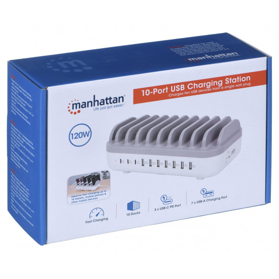 Manhattan Charging Station, 10x Ports: 3x USB-C (up to 18W PD) and 7x USB-A (up to 12W), 120W Total Output, White/Grey, Three Year Warranty, Box