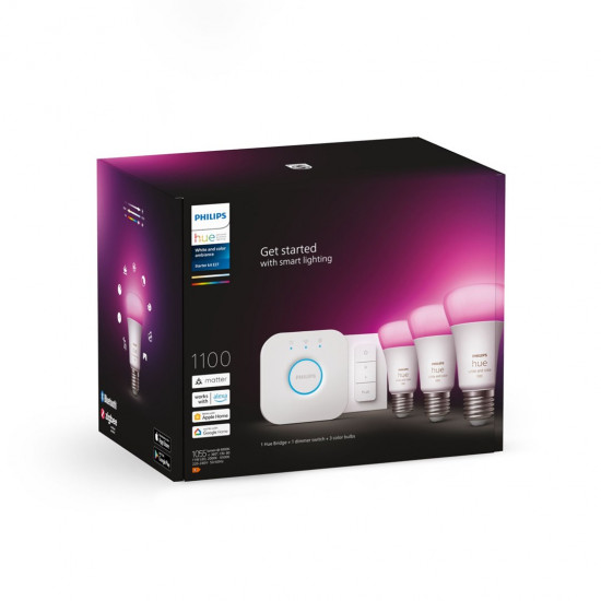 Philips Hue White and colour ambience Starter kit: 3 E27 smart bulbs (1100) + dimmer switch