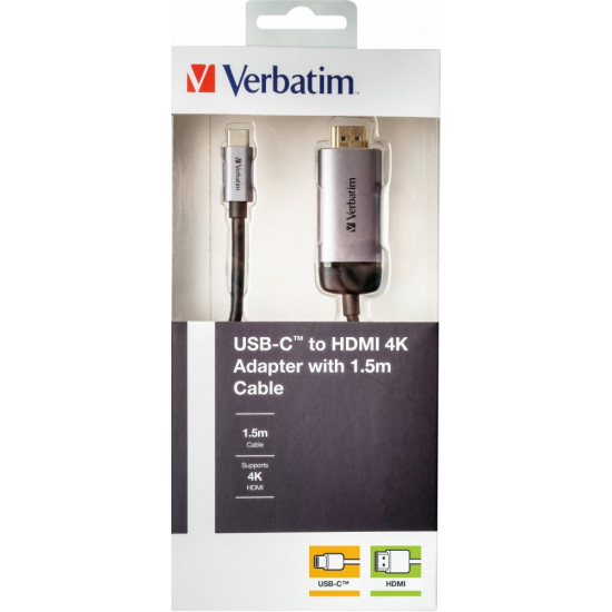 Verbatim 49144 video cable adapter 1.5 m USB Type-C HDMI Black, Silver