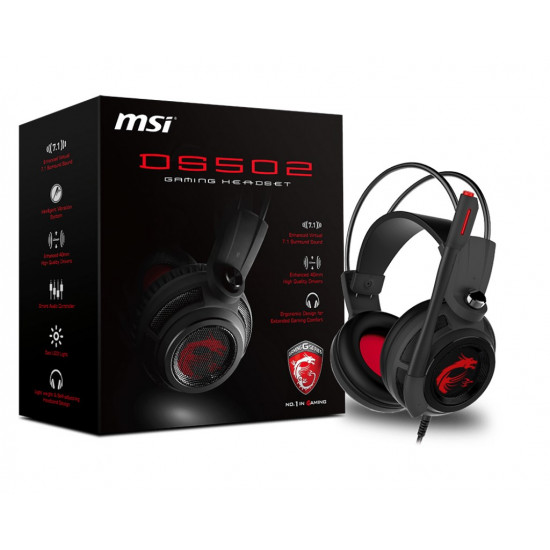 MSI DS502 7.1 Virtual Surround Sound Gaming Headset 'Black with Ambient Dragon Logo, Wired USB connector, 40mm Drivers, inline Smart Audio Controller, Ergonomic Design'