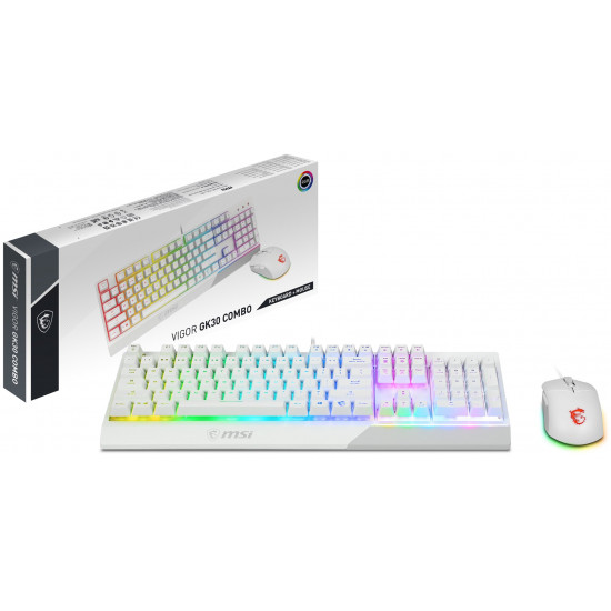 MSI VIGOR GK30 COMBO WHITE MEMchanical Gaming Keyboard + Gaming Mouse Bundle 'UK Layout, 6-Zone RGB Lighting Keyboard, Dual-Zone RGB Lighting Mouse, 5000 DPI Optical Sensor, Center'