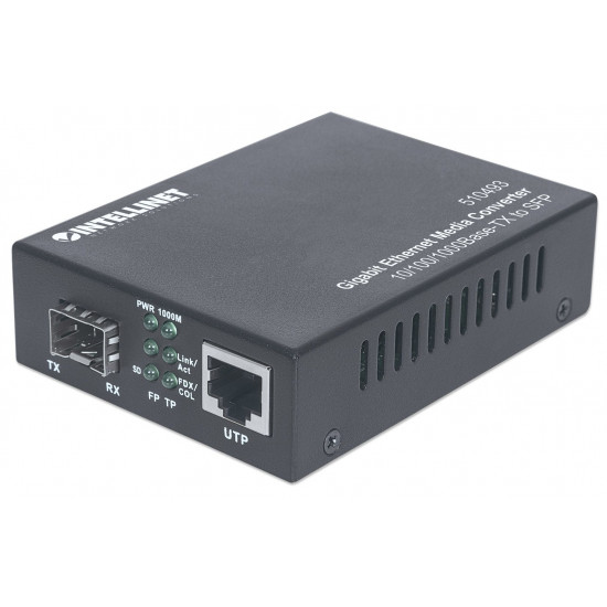 Intellinet Gigabit Ethernet to SFP Media Converter, 10/100/1000Base-Tx to SFP slot, empty (Euro 2-pin plug)