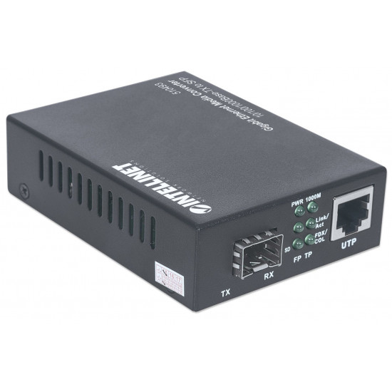 Intellinet Gigabit Ethernet to SFP Media Converter, 10/100/1000Base-Tx to SFP slot, empty (Euro 2-pin plug)