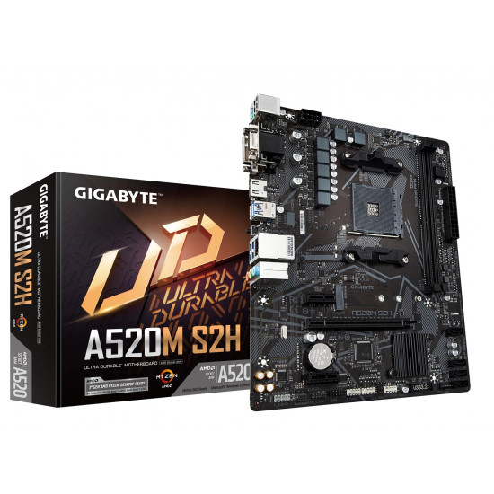 GIGABYTE A520M S2H Motherboard - Supports AMD Ryzen 5000 Series AM4 CPUs, 4+3 Phases Pure Digital VRM, up to 5100MHz DDR4 (OC), PCIe 3.0 x4 M.2, GbE LAN, USB 3.2 Gen 1