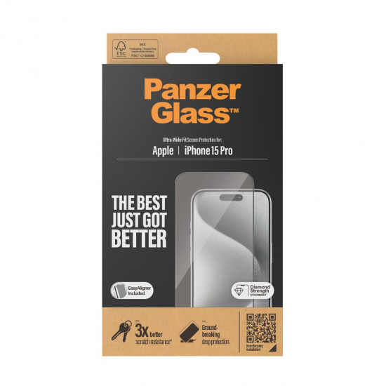 PanzerGlass ® Screen Protector iPhone 15 Pro | Ultra-Wide Fit w. EasyAligner