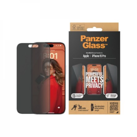 PanzerGlass ® Privacy Screen Protector iPhone 15 Pro | Ultra-Wide Fit w. EasyAligner