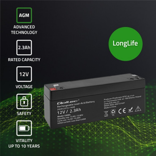 AGM battery 12V 2.3Ah, max. 34.5A