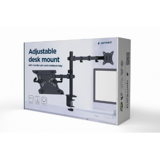 Adjustable desk mount with monitor arm and notebook tray