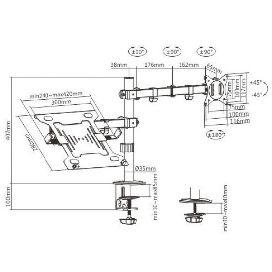 Adjustable desk mount with monitor arm and notebook tray