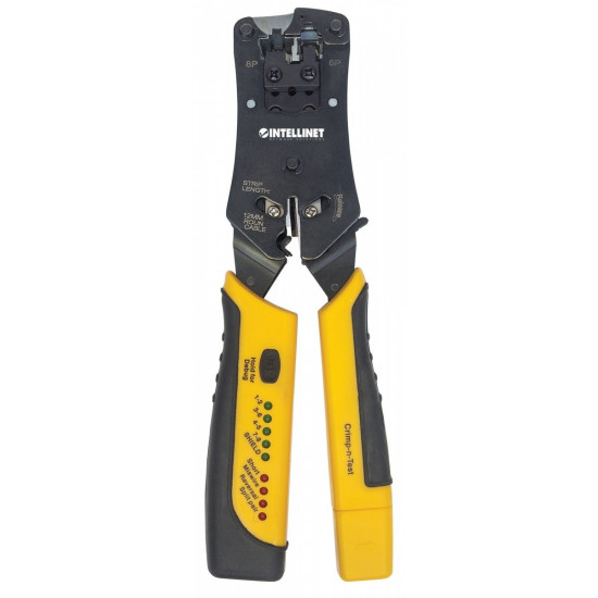 Modular plug crimping tool RJ11/RJ12/RJ22/RJ4 with a wiring tester