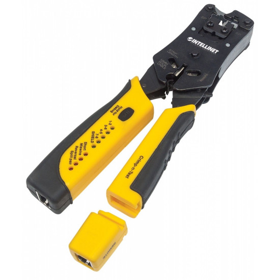 Modular plug crimping tool RJ11/RJ12/RJ22/RJ4 with a wiring tester