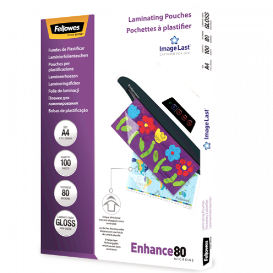 Fellowes | Laminating Pouch PREMIUM | A4 | Clear | Enhance 80 Micron thickness, 216x303 mm - A4, 100 pcs; Unique directional arrow quality mark disappears when laminated.